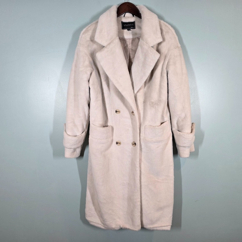 Valentir Faux Fur Wool Blend Coat‎ Ivory Size M European Make Double Breasted